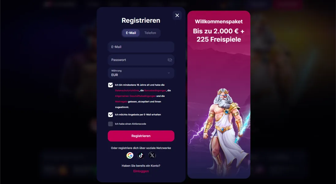 Registrierung und Eingabe des Promo-Codes für einen exklusiven Bonus